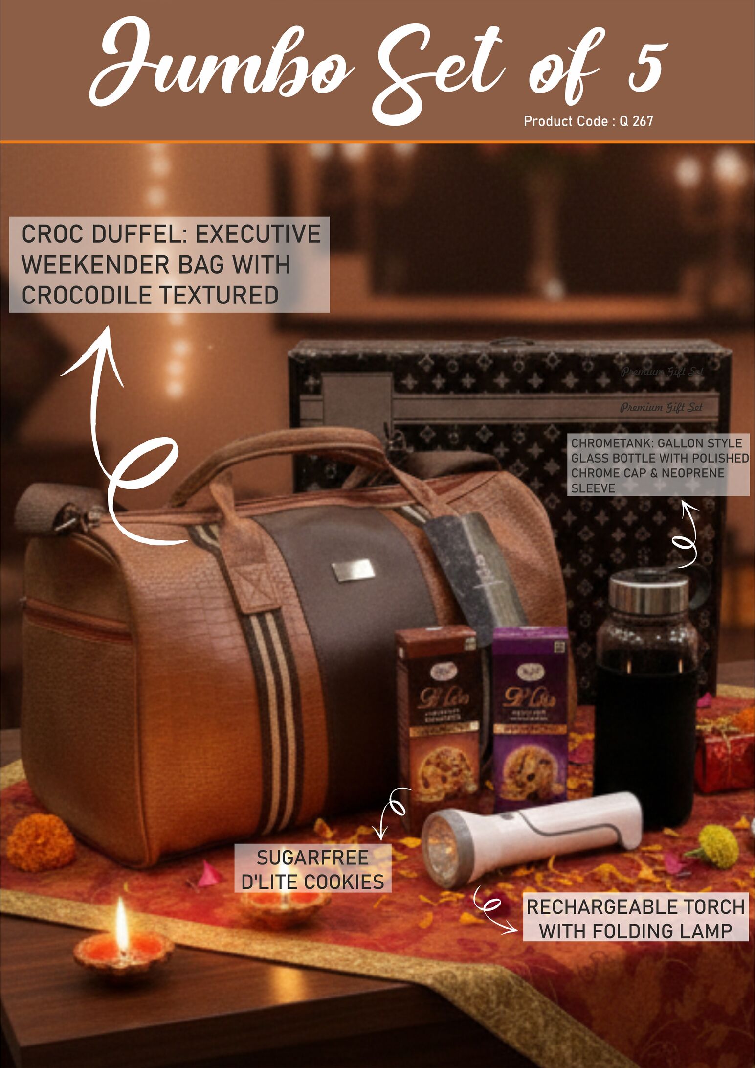 Q267 – Jumbo Set of 5: Croc Premium Duffel Bag, Rechargeable Torch with Lamp, Gallon style glass bottle with Sleeve, Sugarfree D’Lite Cookies in Gift Box– Min 10 pcs - Image 2