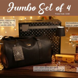 Q268 – Jumbo Set of 4: Matrix Premium Duffel Bag, LED Light Diya Set of 6, ZigLume Rechargeable Lamp, Sugarfree D’Lite Cookies in Gift Box– Min 10 pcs