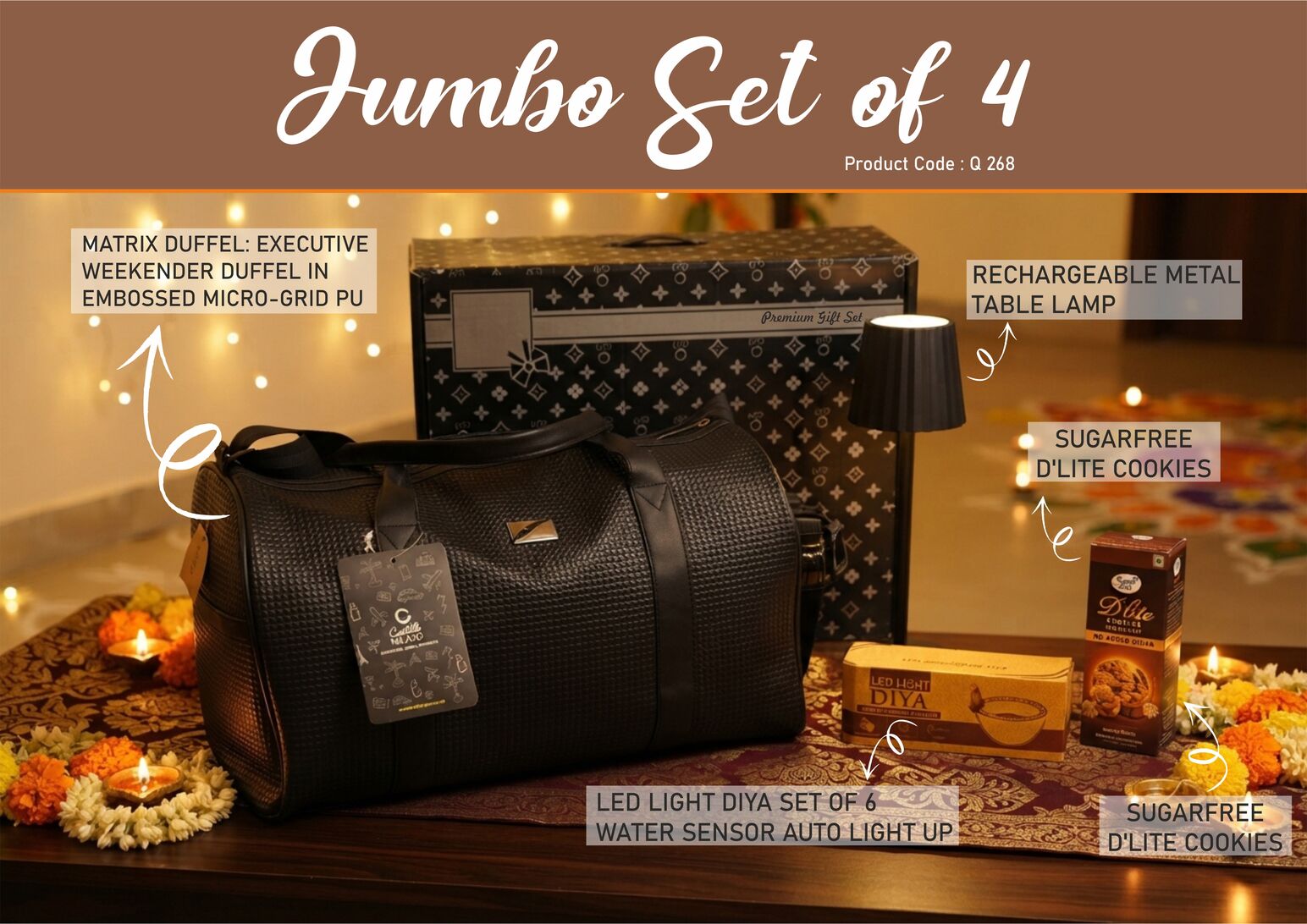 Q268 – Jumbo Set of 4: Matrix Premium Duffel Bag, LED Light Diya Set of 6, ZigLume Rechargeable Lamp, Sugarfree D’Lite Cookies in Gift Box– Min 10 pcs