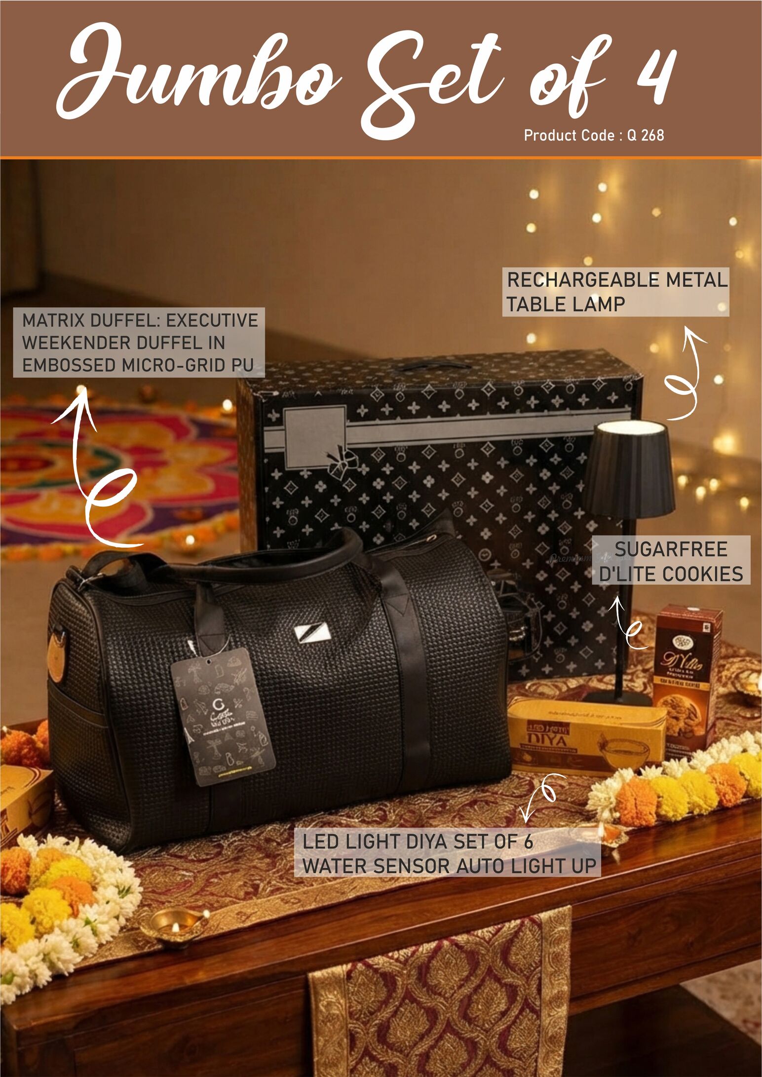 Q268 – Jumbo Set of 4: Matrix Premium Duffel Bag, LED Light Diya Set of 6, ZigLume Rechargeable Lamp, Sugarfree D’Lite Cookies in Gift Box– Min 10 pcs - Image 2
