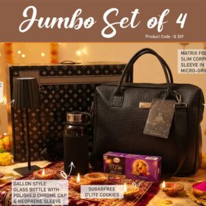Q269 – Jumbo Set of 4: Matrix Premium Laptop Bag, Gallon style glass bottle with Sleeve, ZigLume Rechargeable Lamp, Sugarfree D’Lite Cookies in Gift Box– Min 10 pcs