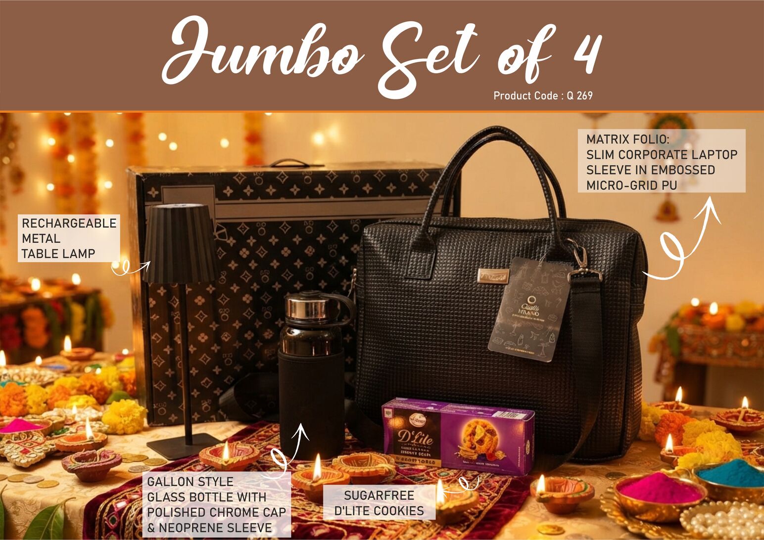 Q269 – Jumbo Set of 4: Matrix Premium Laptop Bag, Gallon style glass bottle with Sleeve, ZigLume Rechargeable Lamp, Sugarfree D’Lite Cookies in Gift Box– Min 10 pcs
